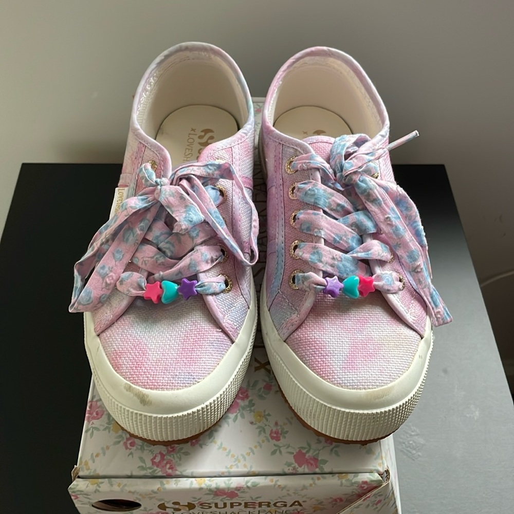 LoveShackFancy Pink and Blue Floral Tie-Dye Platform Sneakers